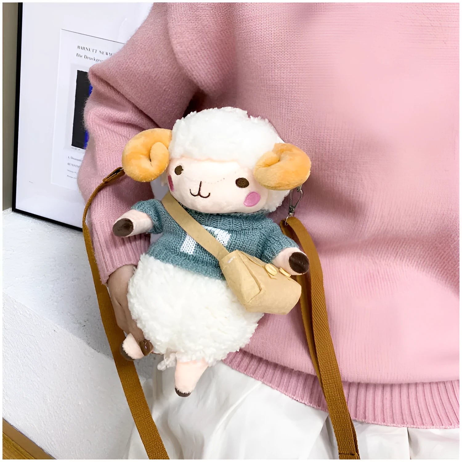 Little Sheep plush crossbody bag with lamb pattern and zip opening in blue colour