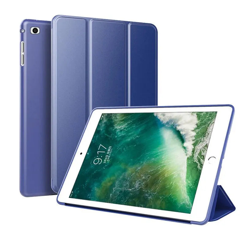 iPad protective silicone sleeve with stand in clamshell design showing black, red, green, pink, gold, and blue colour options
