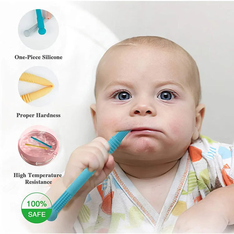 Baby teether silicone hollow tube in blue with cleaning brush