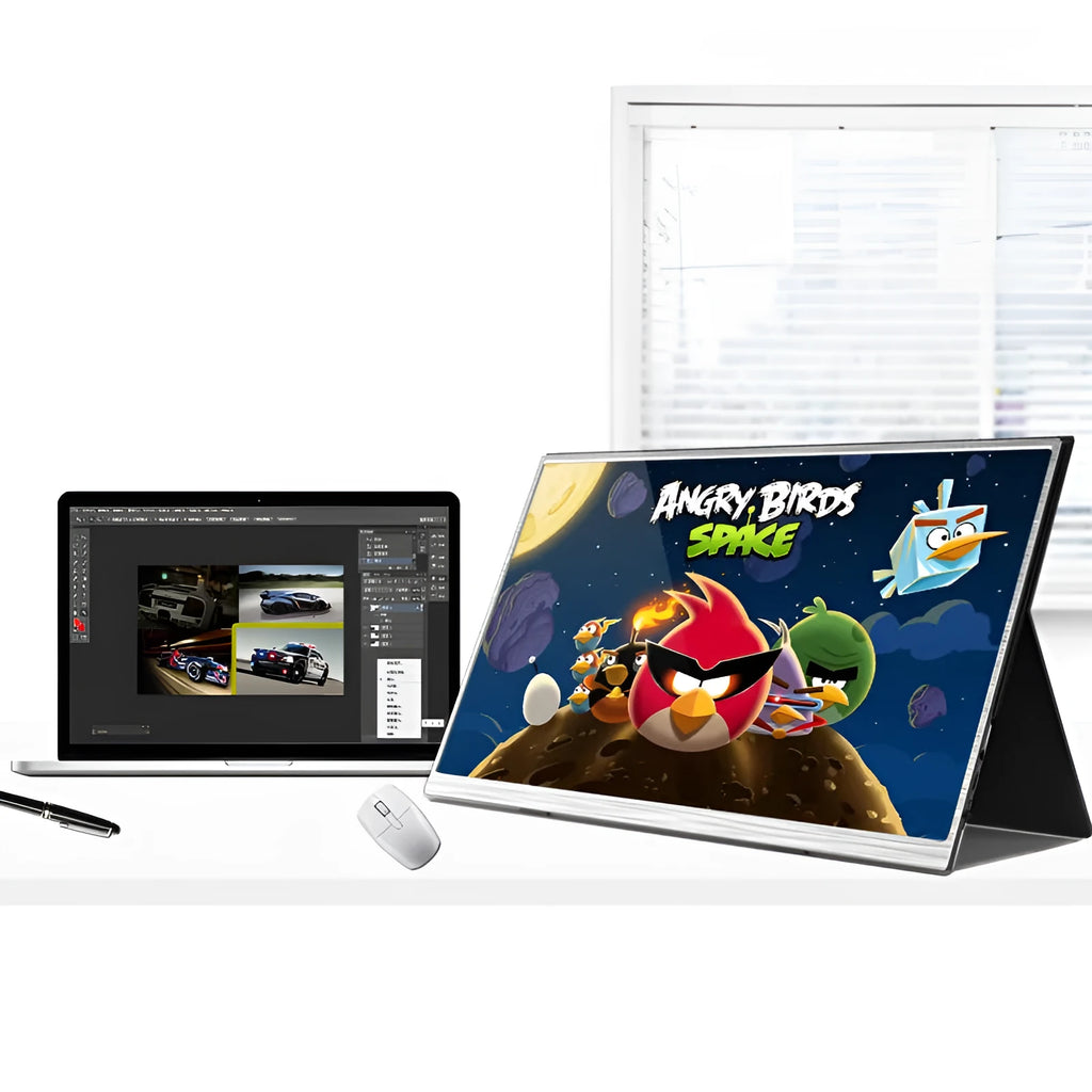 15-inch ultra-thin portable monitor with IPS screen, HDMI and USB-C ports, shown with included cables.