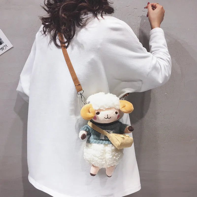 Little Sheep plush crossbody bag with lamb pattern and zip opening in blue colour