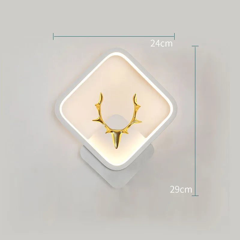Modern deer antler design wall lamp with remote control on a plain wall, showing white and black colour options.