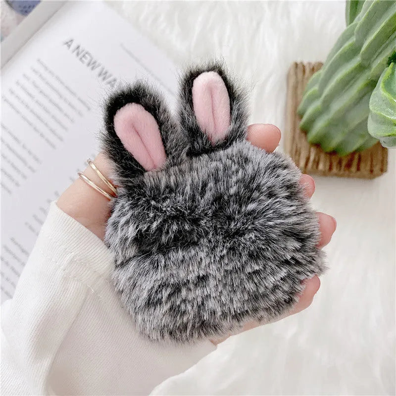 Soft plush silicone AirPods protective cover with rabbit ears design in pink and grey colours