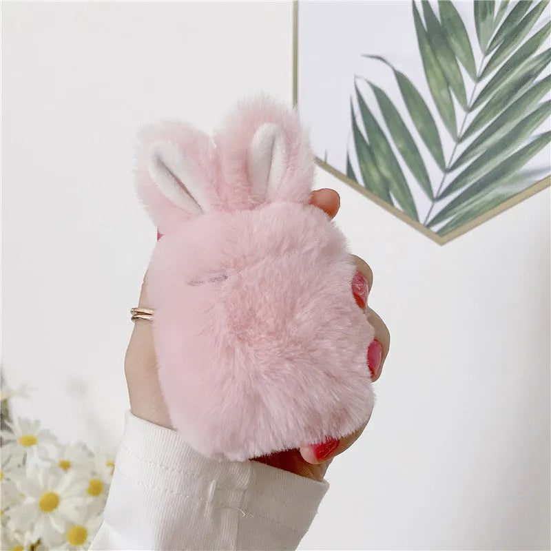 Soft plush silicone AirPods protective cover with rabbit ears design in pink and grey colours