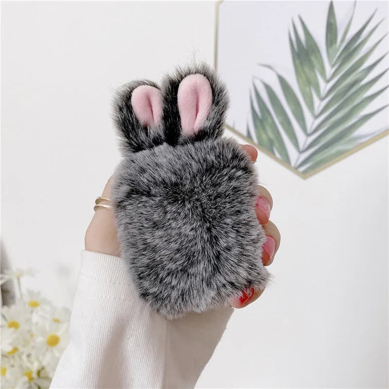 Soft plush silicone AirPods protective cover with rabbit ears design in pink and grey colours