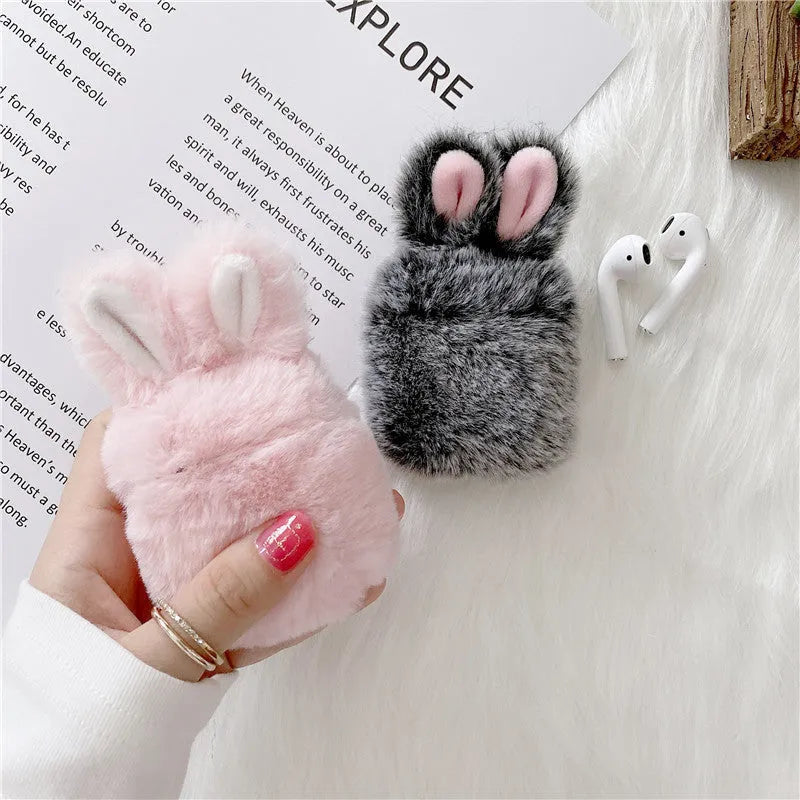 Soft plush silicone AirPods protective cover with rabbit ears design in pink and grey colours