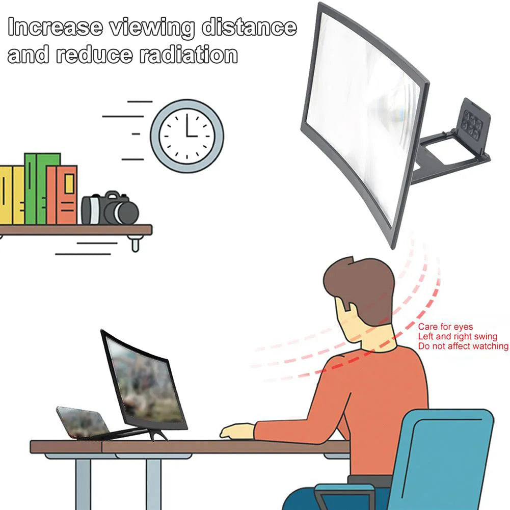 12 inch black mobile screen magnifier with curved arc frame and HD acrylic lens on a desktop