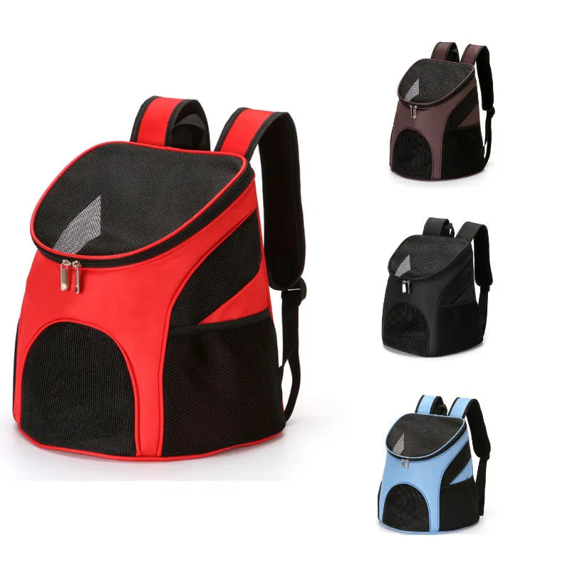 Red pet backpack carrier for a small dog, shown as a portable outing bag.