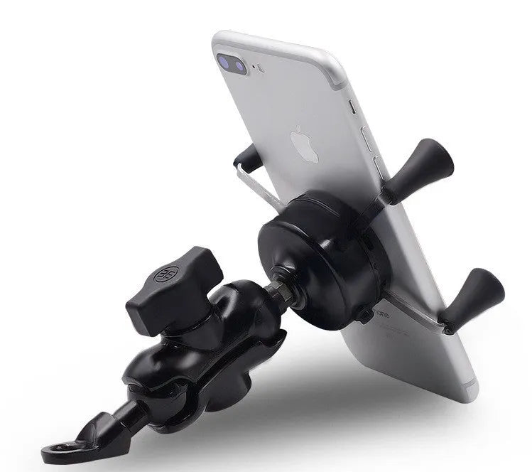 Black aluminium alloy motorcycle phone mounting bracket attached to a handlebar, holding a mobile phone.