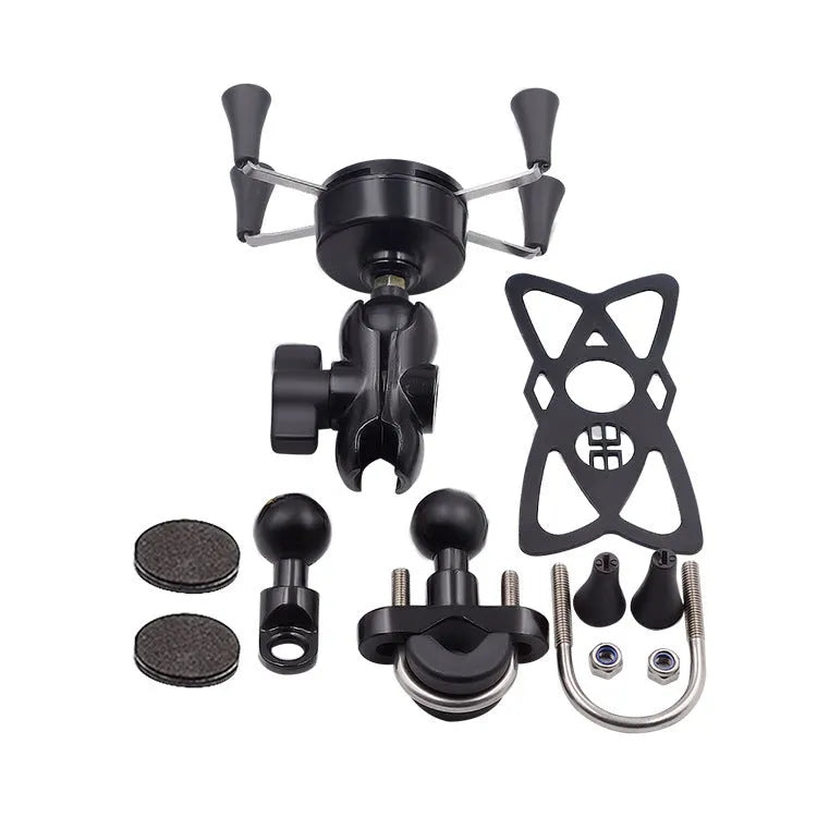 Black aluminium alloy motorcycle phone mounting bracket attached to a handlebar, holding a mobile phone.