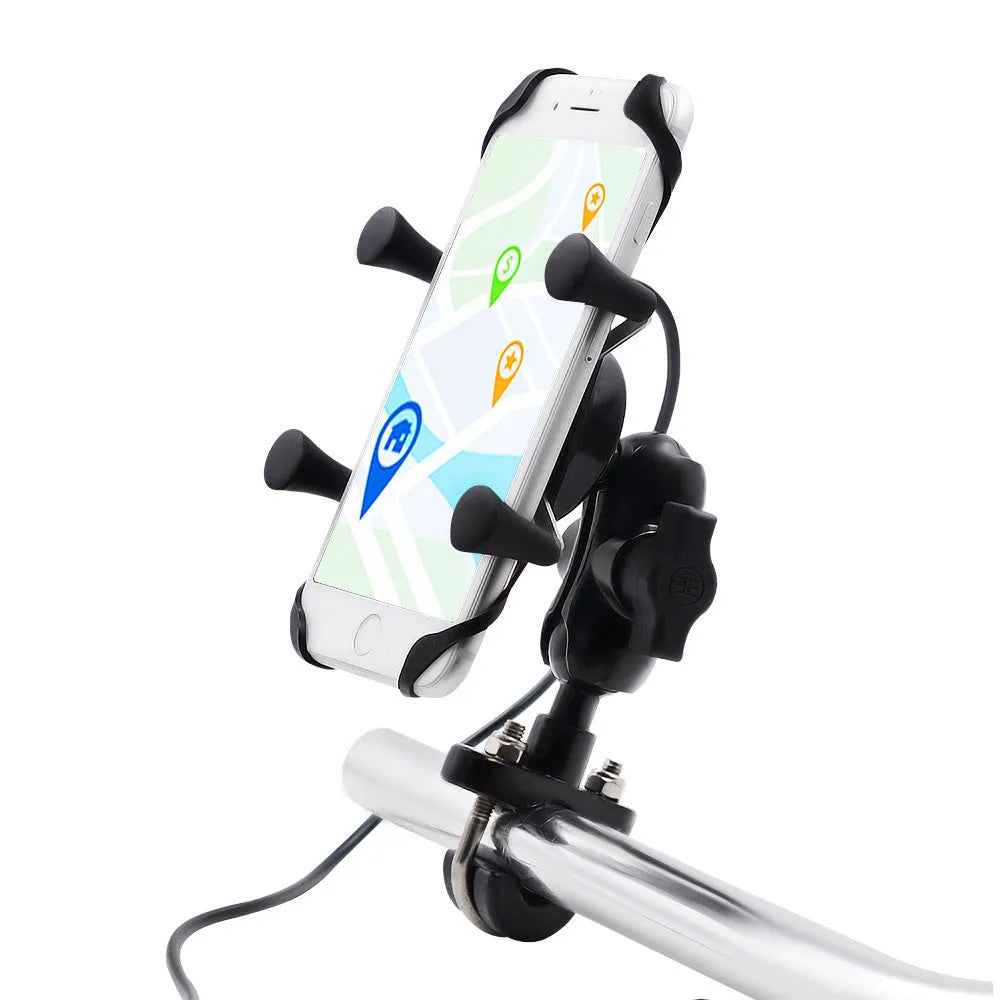Black aluminium alloy motorcycle phone mounting bracket attached to a handlebar, holding a mobile phone.
