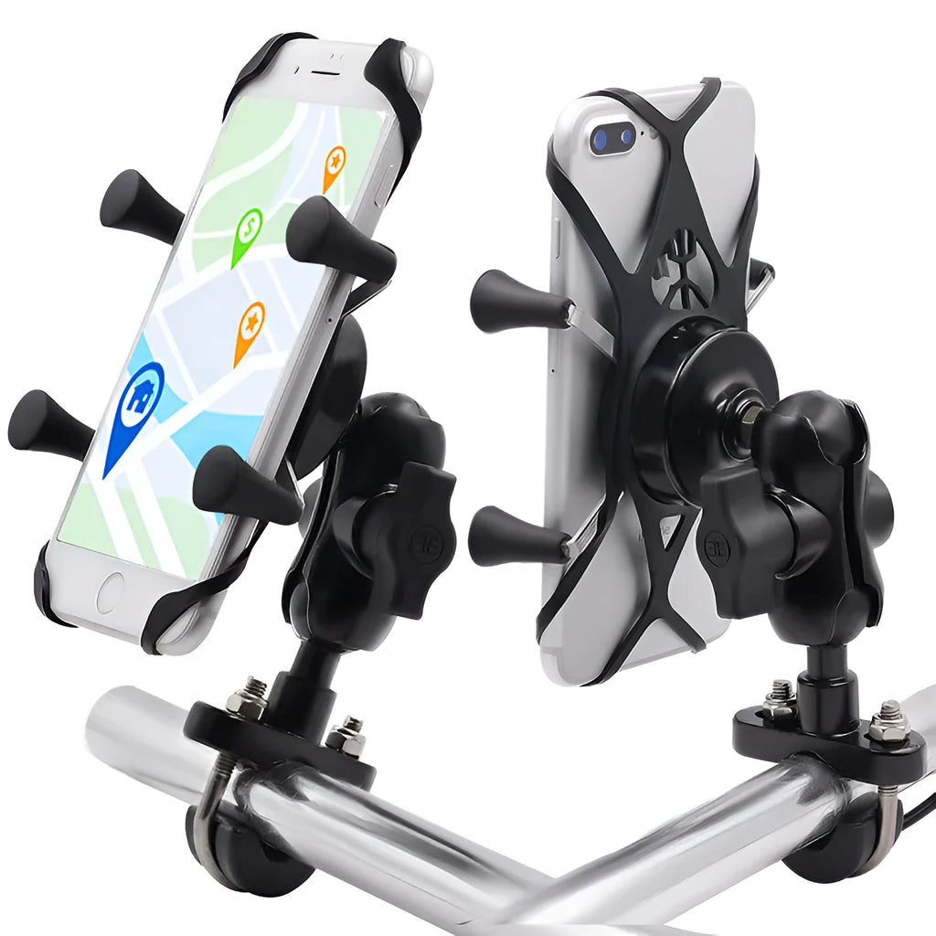 Black aluminium alloy motorcycle phone mounting bracket attached to a handlebar, holding a mobile phone.