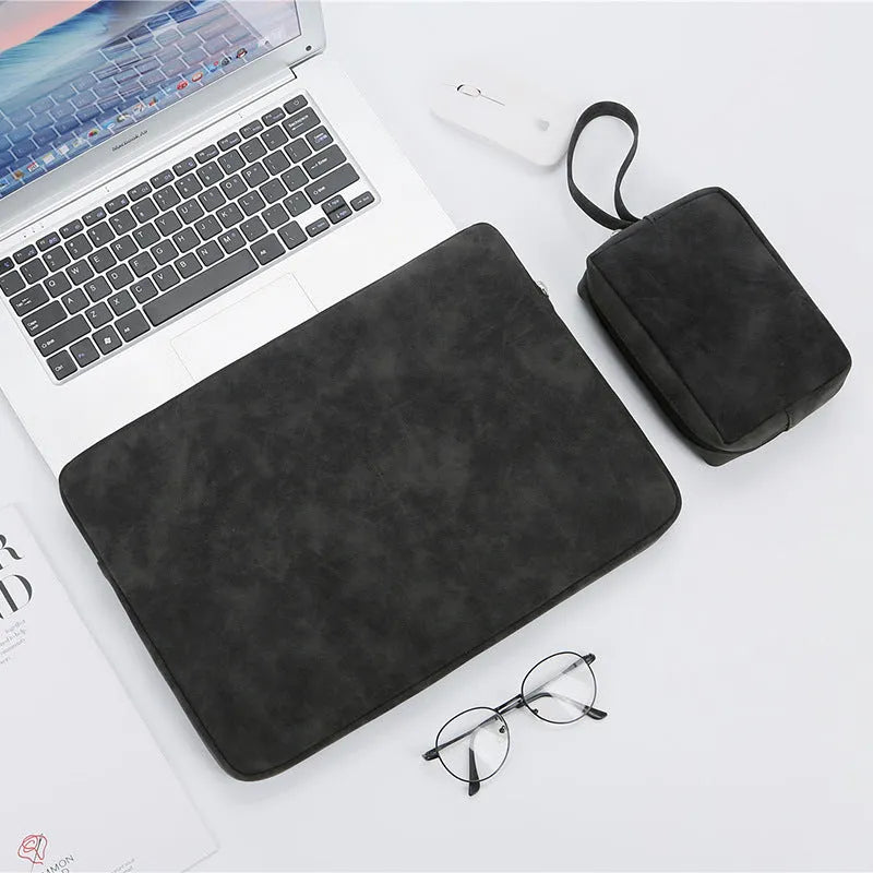 14 inch PU leather laptop bag flat liner in black with soft handle and zipper closure