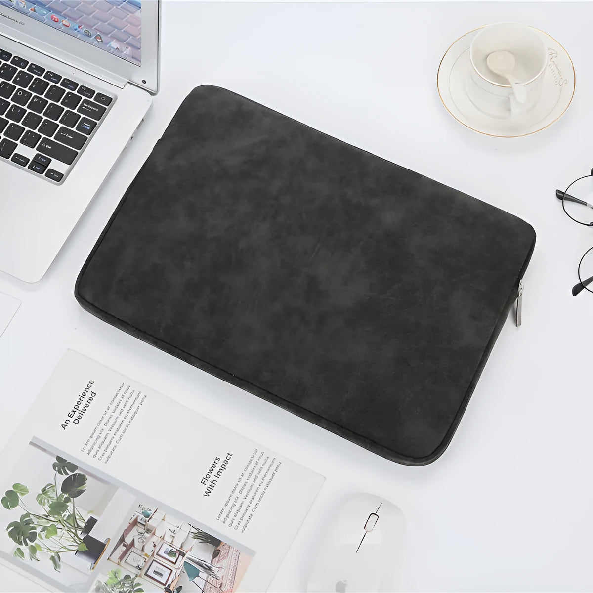 14 inch PU leather laptop bag flat liner in black with soft handle and zipper closure