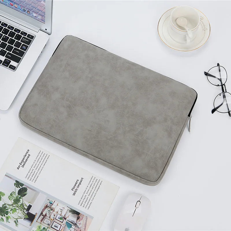 14 inch PU leather laptop bag flat liner in black with soft handle and zipper closure