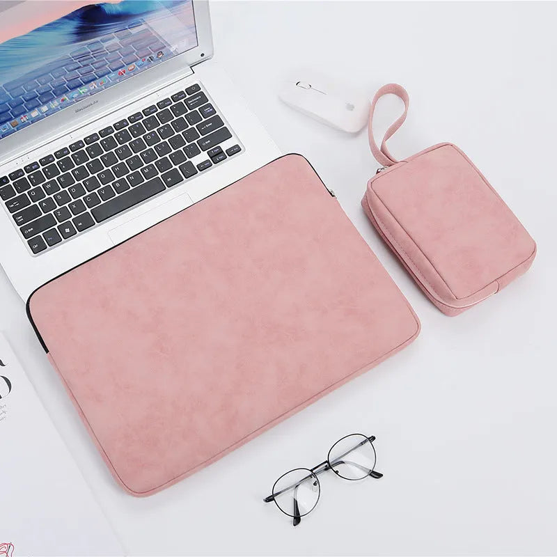 14 inch PU leather laptop bag flat liner in black with soft handle and zipper closure