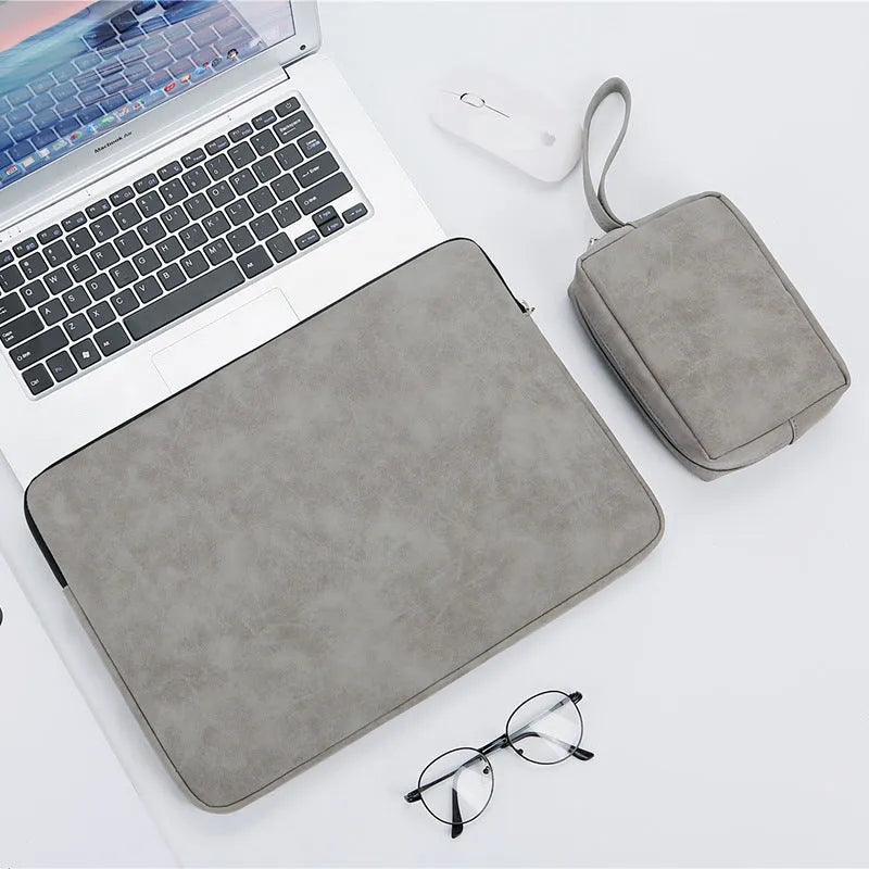 14 inch PU leather laptop bag flat liner in black with soft handle and zipper closure