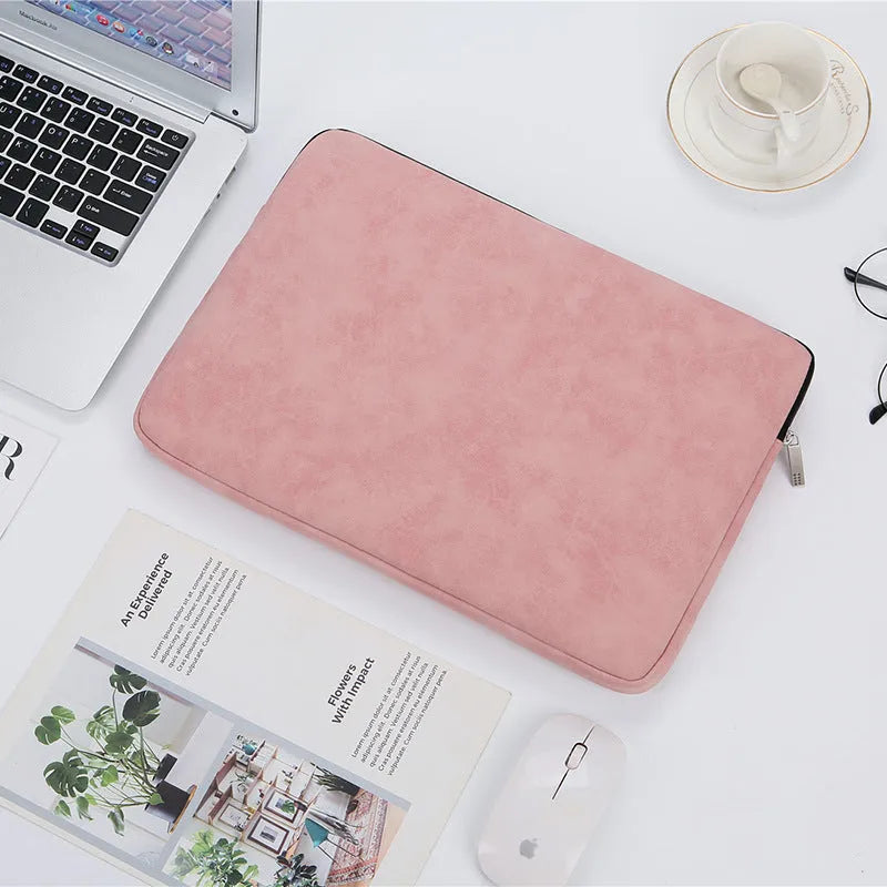 14 inch PU leather laptop bag flat liner in black with soft handle and zipper closure