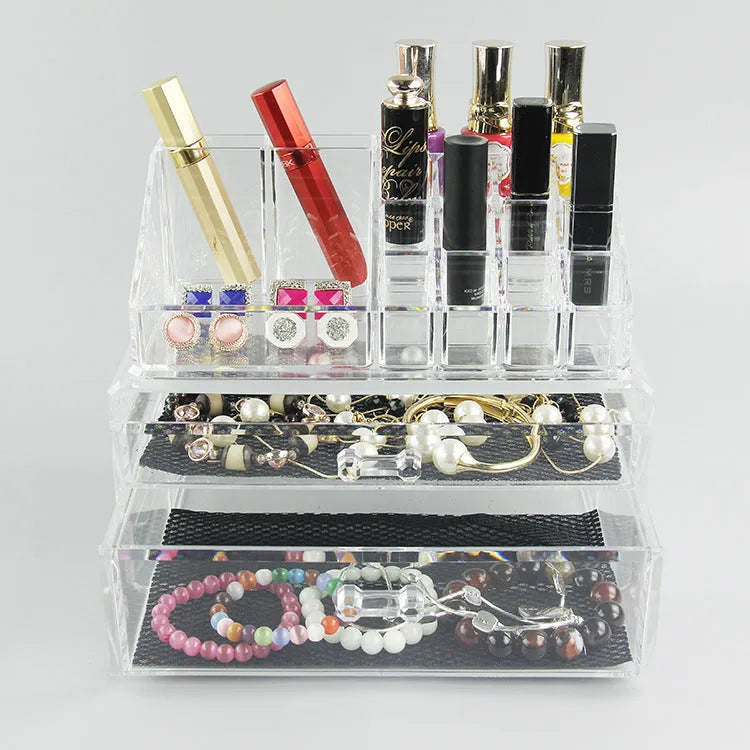 Clear foldable acrylic storage box with transparent sides showing 18L capacity for makeup organisation.