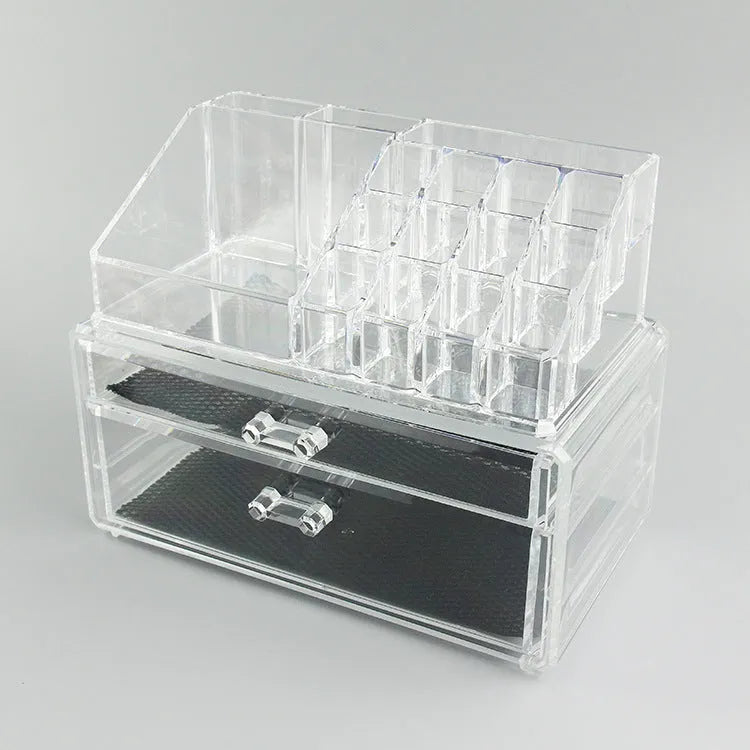 Clear foldable acrylic storage box with transparent sides showing 18L capacity for makeup organisation.