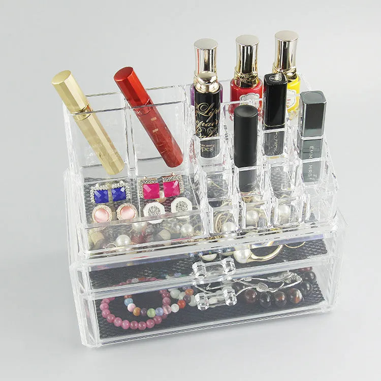 Clear foldable acrylic storage box with transparent sides showing 18L capacity for makeup organisation.