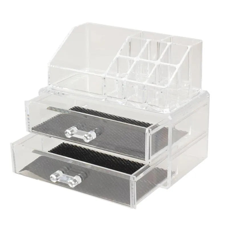 Clear foldable acrylic storage box with transparent sides showing 18L capacity for makeup organisation.