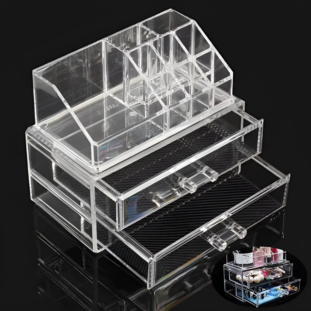 Clear foldable acrylic storage box with transparent sides showing 18L capacity for makeup organisation.
