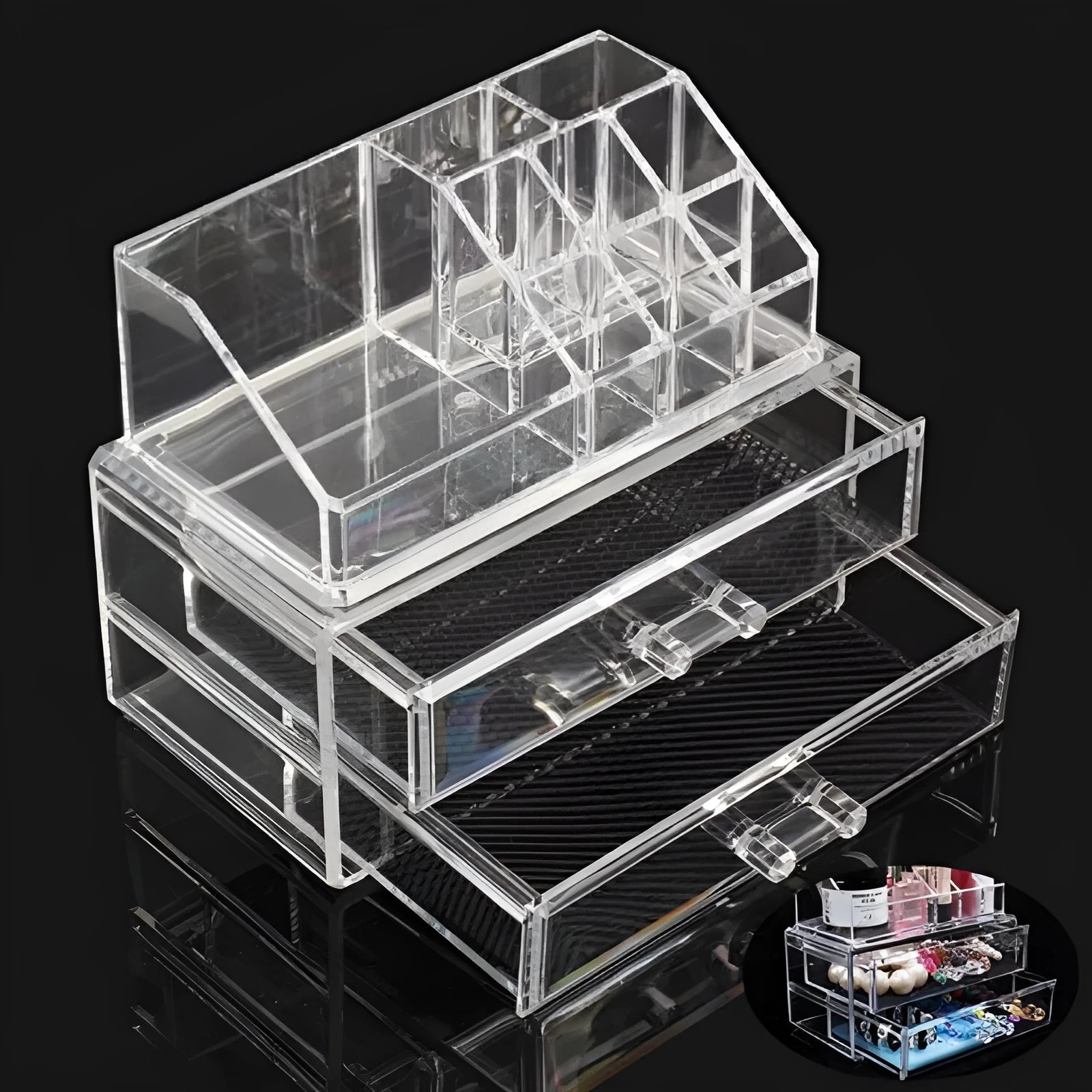 Clear foldable acrylic storage box with transparent sides showing 18L capacity for makeup organisation.