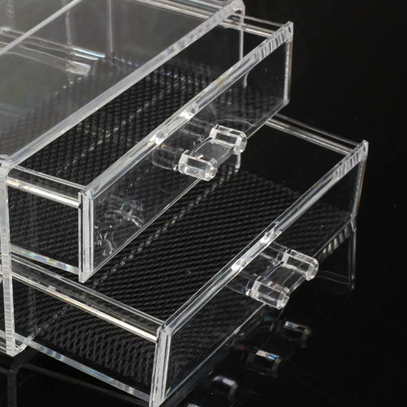 Clear foldable acrylic storage box with transparent sides showing 18L capacity for makeup organisation.