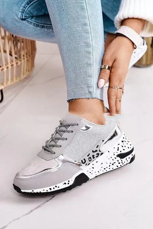 Women's suede lace-up platform sneakers with low wedge heel, round toe, colour matching upper in golden or gray