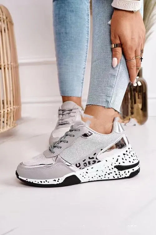 Women's suede lace-up platform sneakers with low wedge heel, round toe, colour matching upper in golden or gray