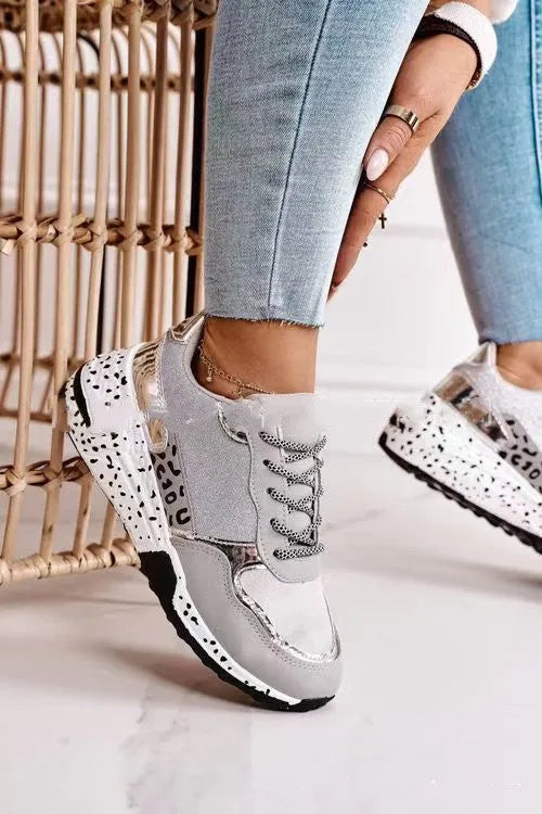 Women's suede lace-up platform sneakers with low wedge heel, round toe, colour matching upper in golden or gray