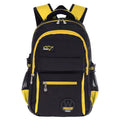 Green nylon school backpack for students with side pockets and mesh bag.