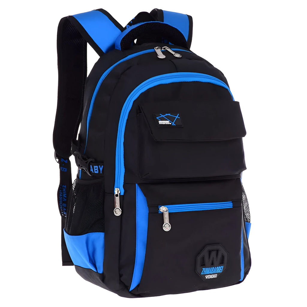 Green nylon school backpack for students with side pockets and mesh bag.