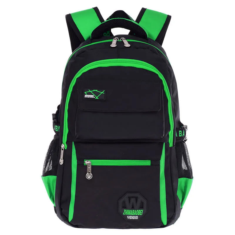 Green nylon school backpack for students with side pockets and mesh bag.