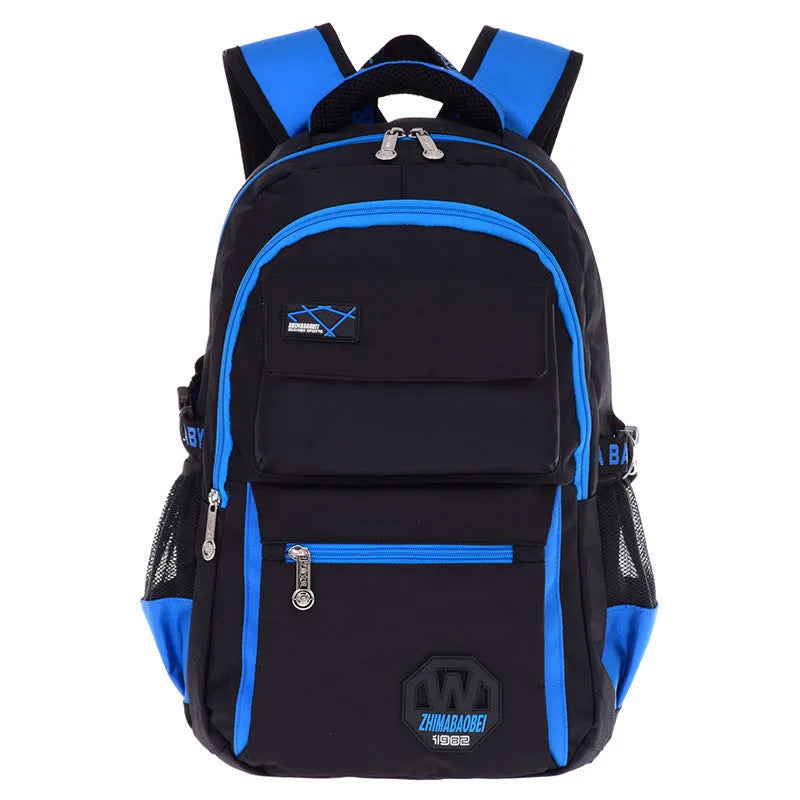 Green nylon school backpack for students with side pockets and mesh bag.