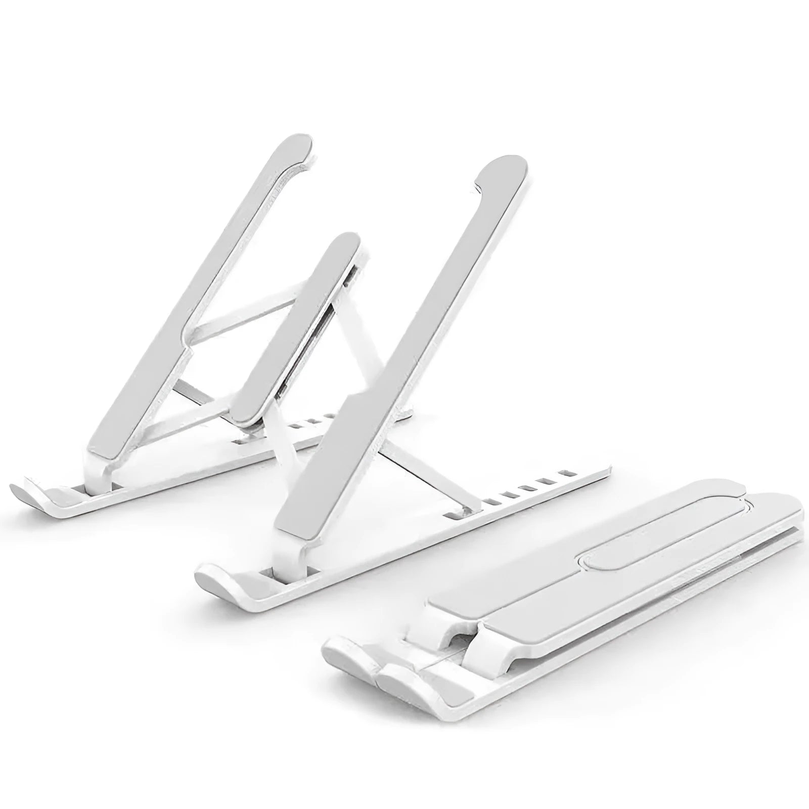 Folding aluminium alloy laptop stand in grey on a wooden desk, showing adjustable width and non-slip pads