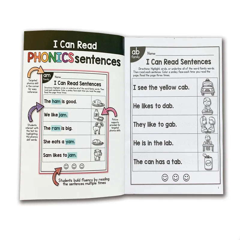 A children's phonics reading worksheet for age 6+, showing English letter and word exercises on a 21cm by 14cm sheet.