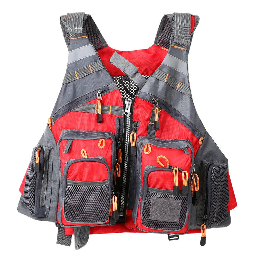 Fishing life jacket with removable foam buoyancy, multiple chest pockets, and shoulder reflectors