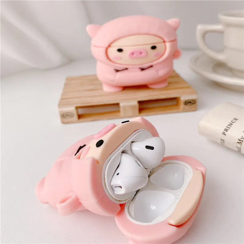 Soft silicone AirPods case cover with pink pig design and hook attachment