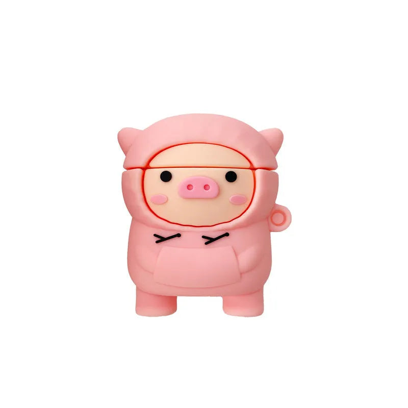 Soft silicone AirPods case cover with pink pig design and hook attachment