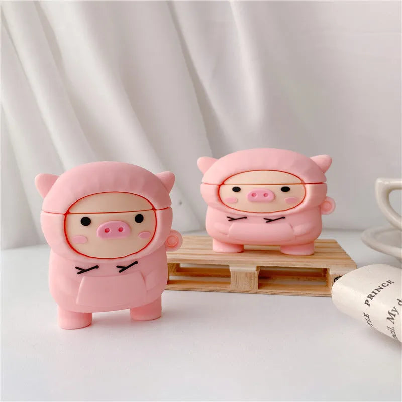 Soft silicone AirPods case cover with pink pig design and hook attachment