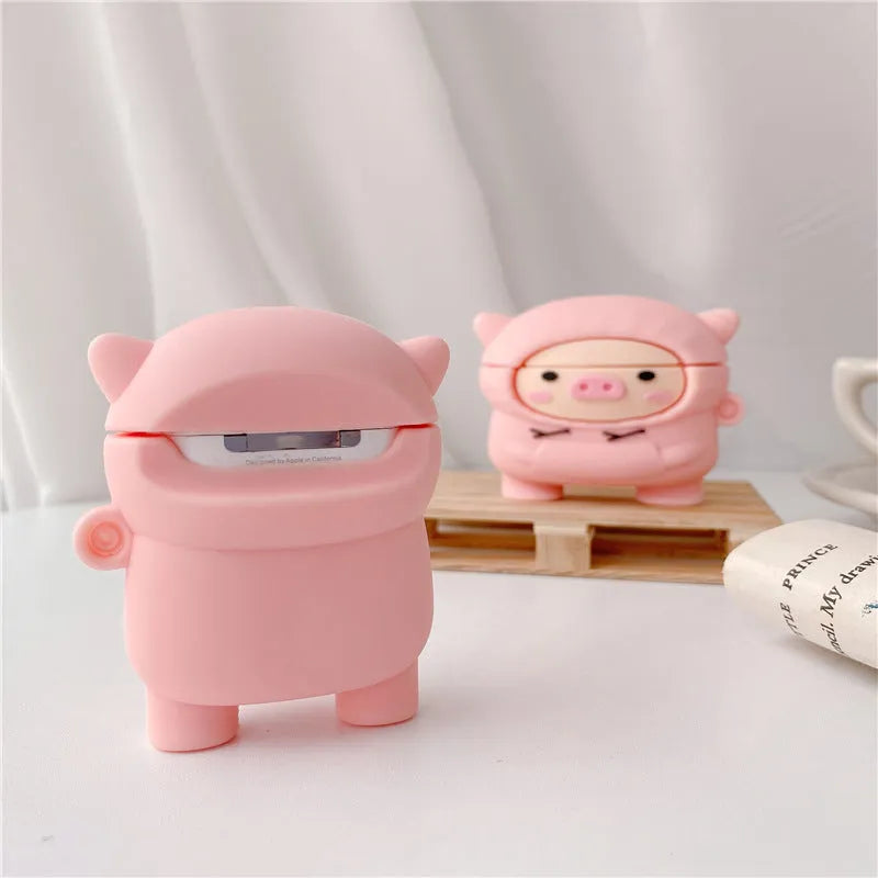 Soft silicone AirPods case cover with pink pig design and hook attachment