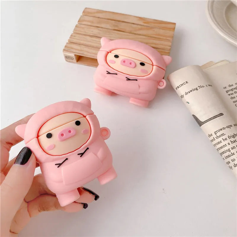 Soft silicone AirPods case cover with pink pig design and hook attachment