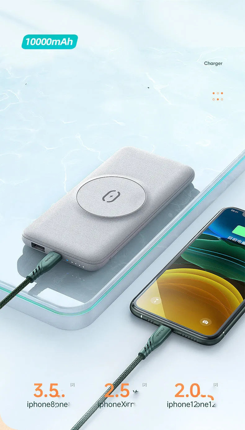 Maiduo mint green magnetic power bank with back clip showing Magsafe charging circle.