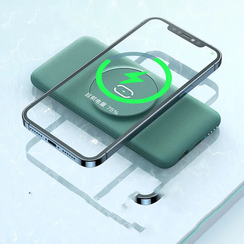 Maiduo mint green magnetic power bank with back clip showing Magsafe charging circle.
