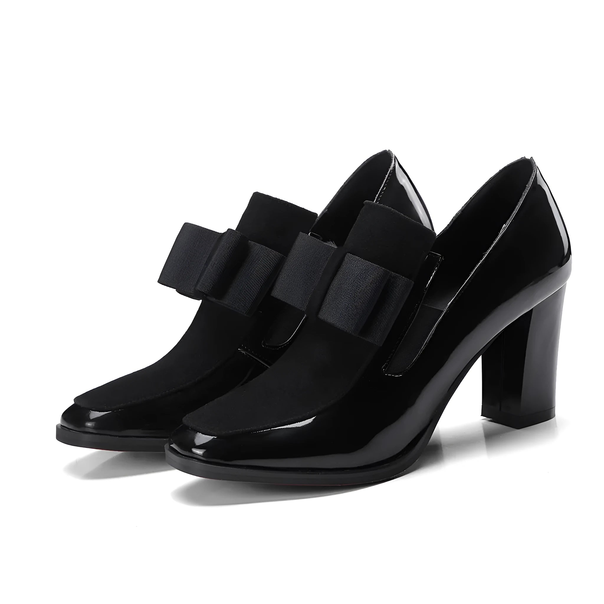 Black patent leather women's high heels with a thick 8cm heel and square toe, side view.