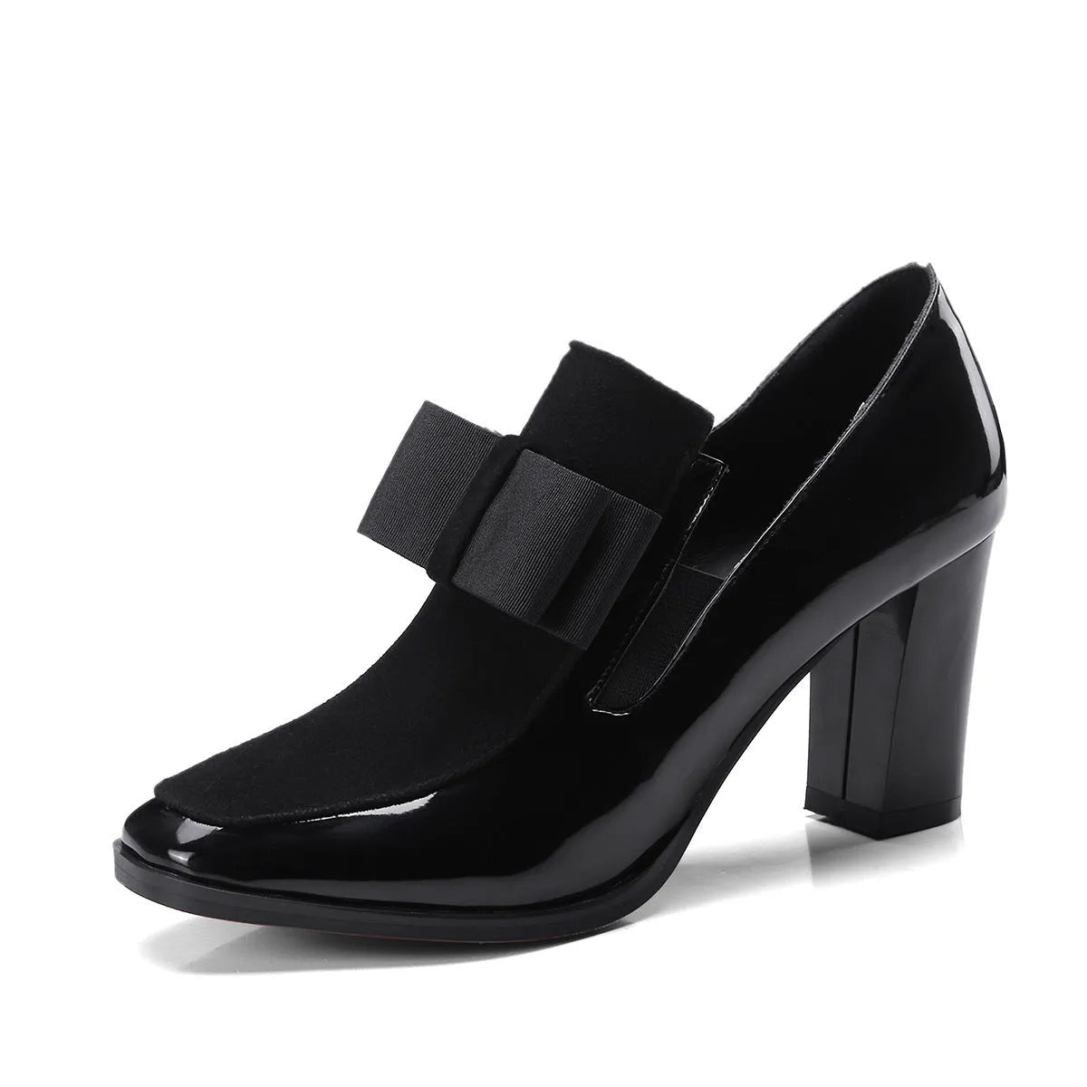 Black patent leather women's high heels with a thick 8cm heel and square toe, side view.
