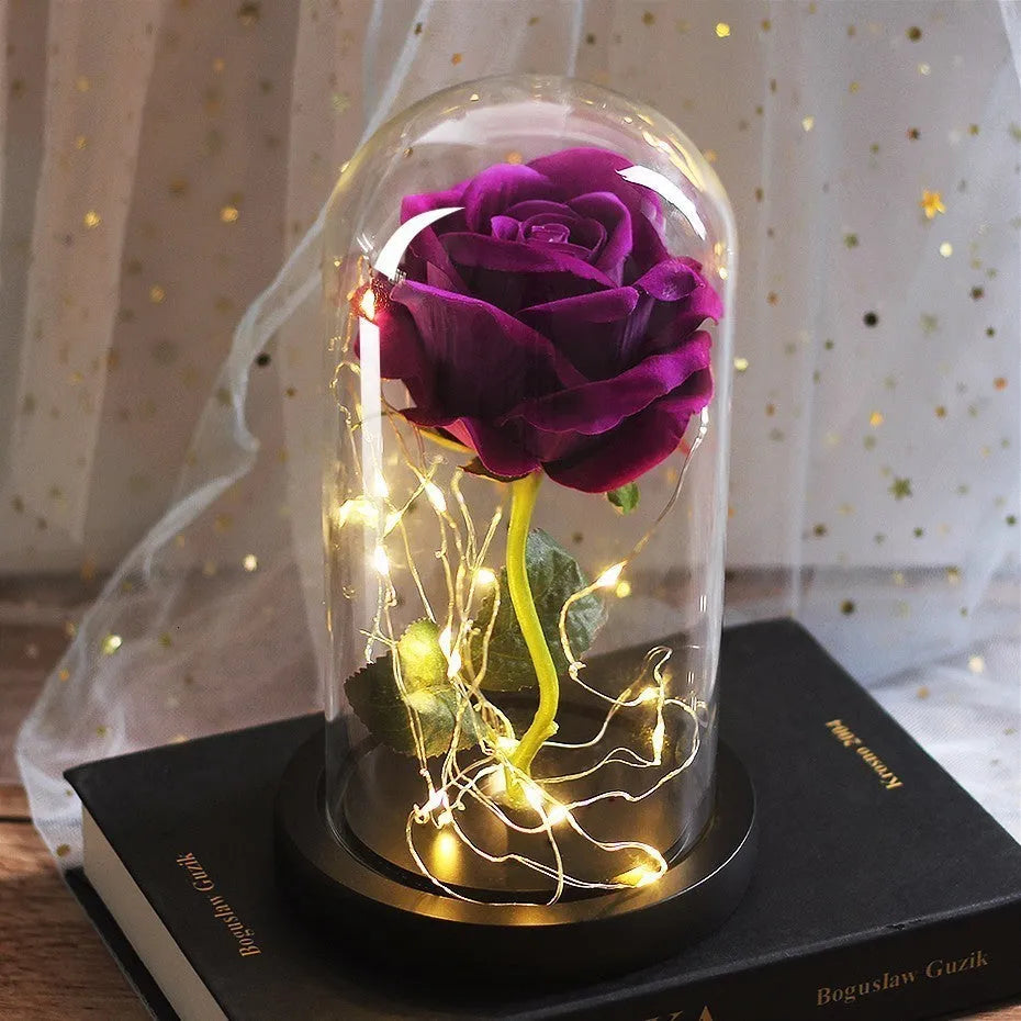 Luminous LED rose ornament with glass cover and silk flannel flowers in gift box