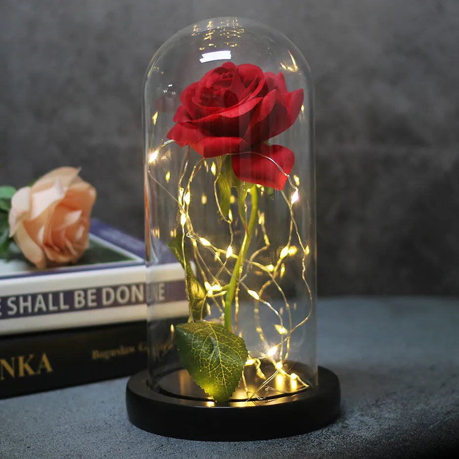 Luminous LED rose ornament with glass cover and silk flannel flowers in gift box